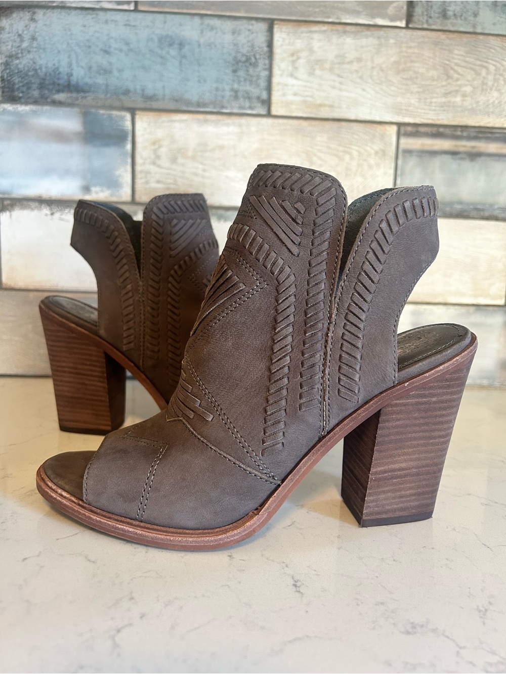 Vince Camuto Karinta Leather
Open Toe Stacked Block Heeled Booties